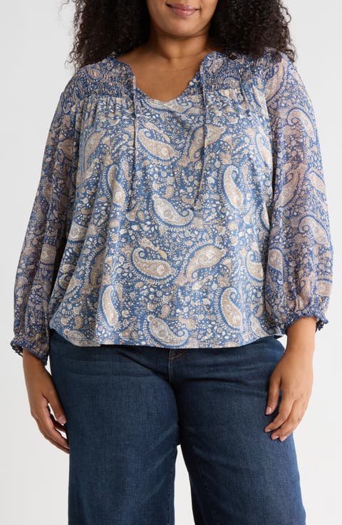 Split Neck Smocked Long Sleeve Top (Plus)