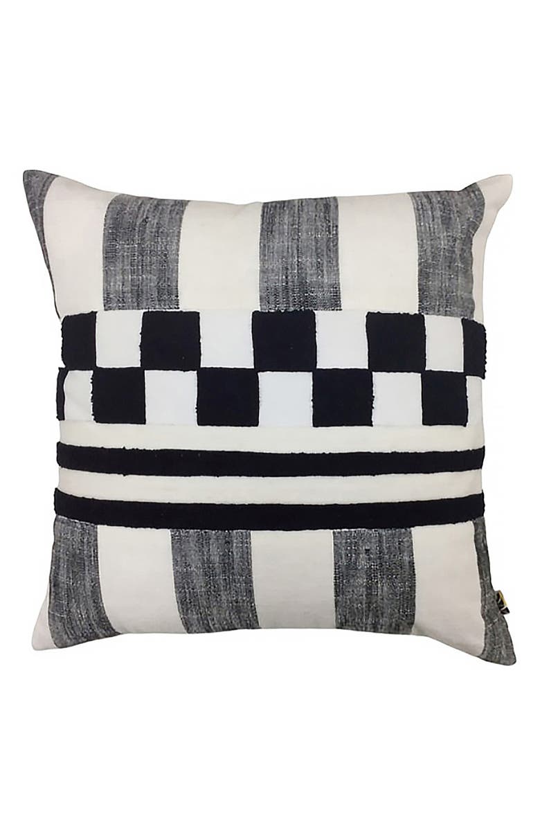 MACKENZIE CHILDS Black Checks & Stripes Cotton Throw Pillow, Main, color, Black