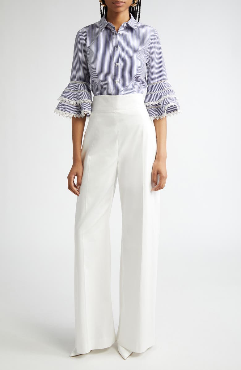 Carolina Herrera Stripe Tiered Ruffle Sleeve Belted Poplin Shirtdress, Alternate, color, White/ Blue