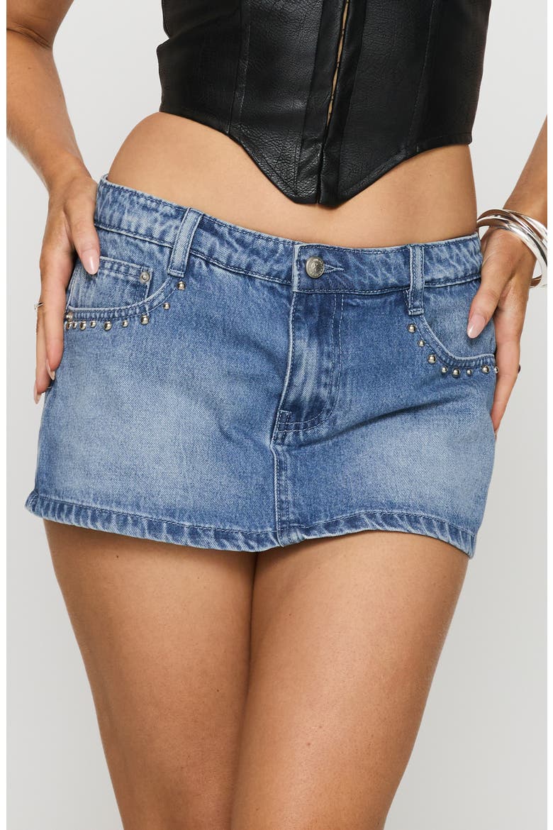 Symphony Studded Low Rise Denim Miniskort, Main, color, MID WASH