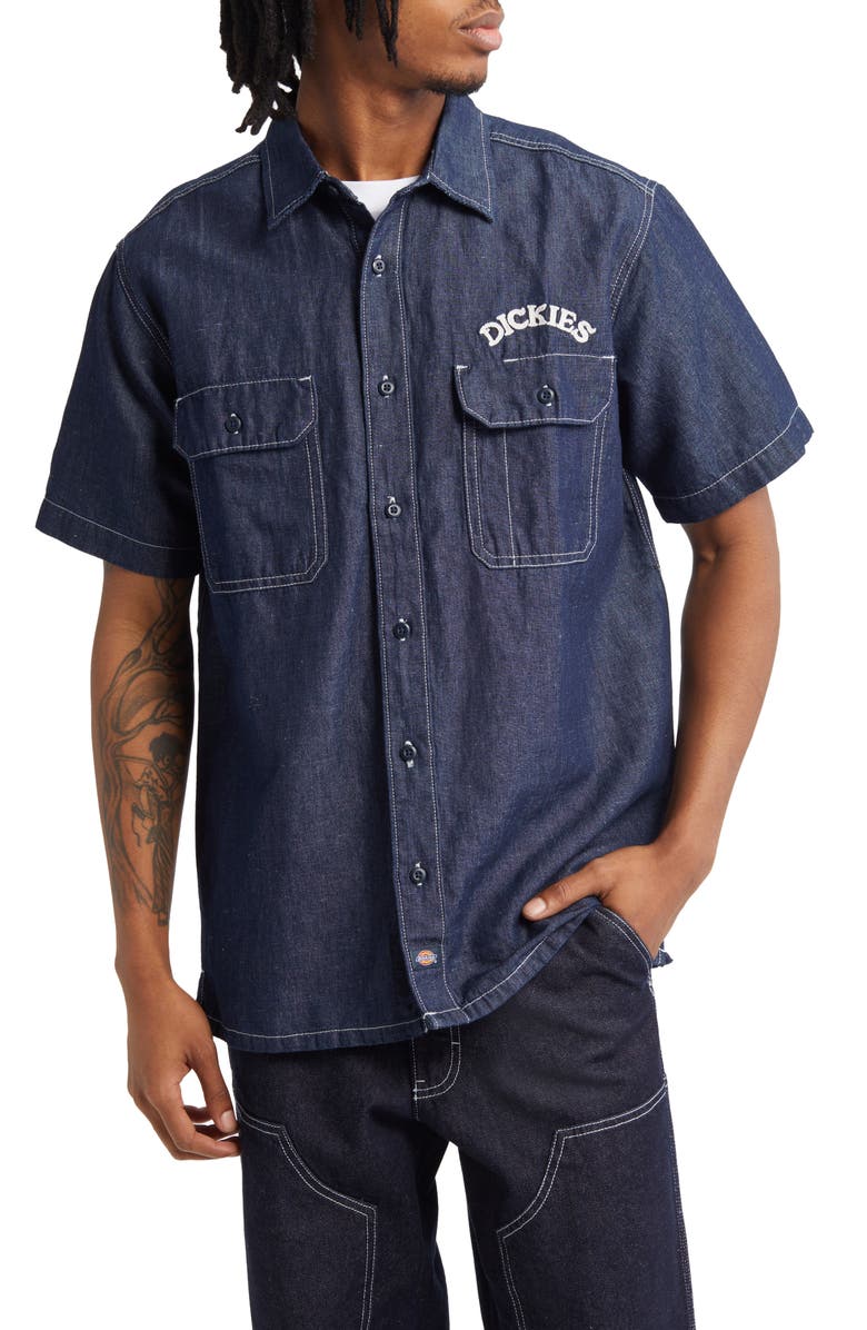 Dickies Beavertown Short Sleeve Chambray Hemp Blend Button-Up Shirt, Alternate, color, 