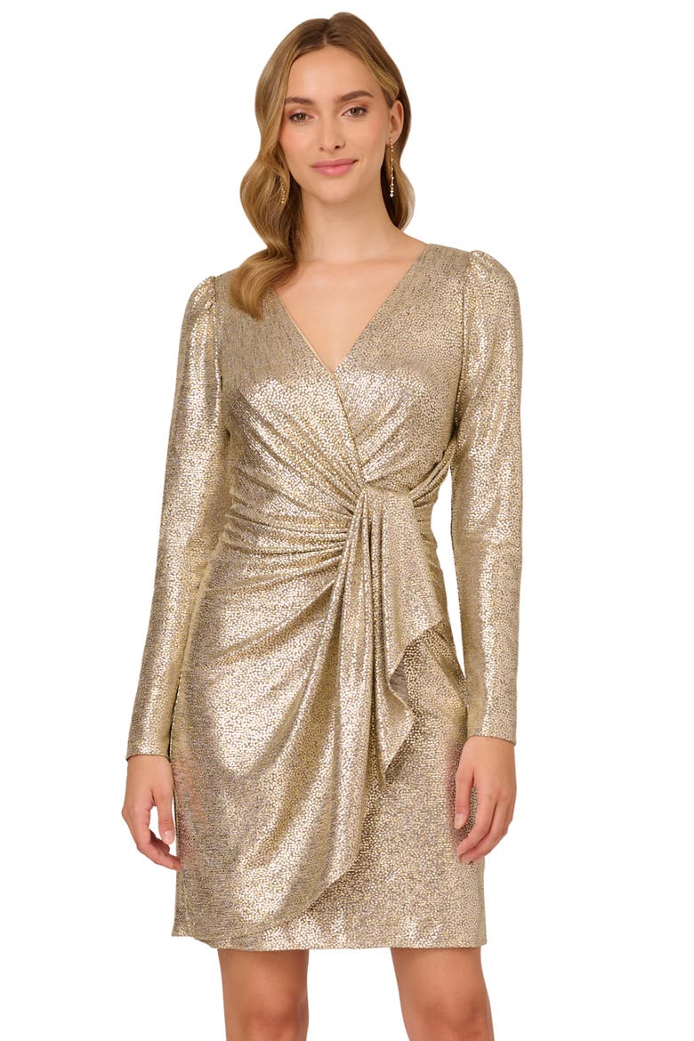 Metallic Foil Long Sleeve Knit Faux Wrap Dress, Alternate, color, LIGHT GOLD