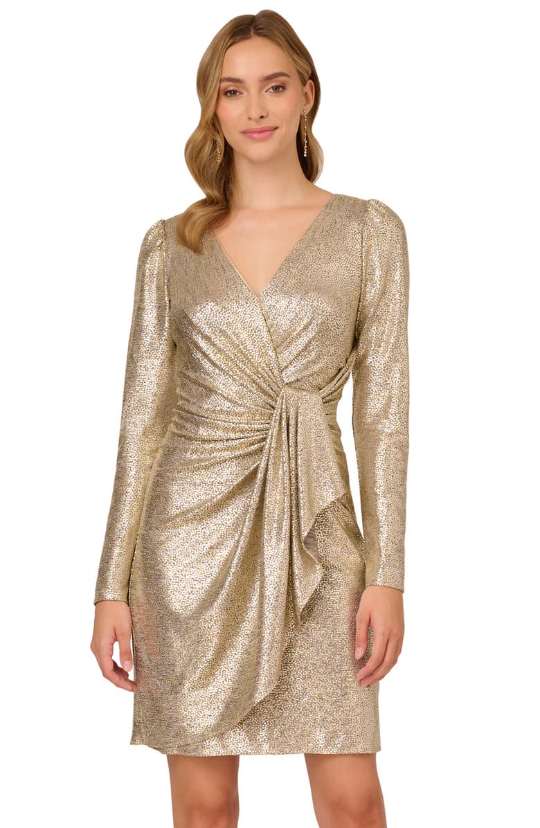 Adrianna Papell Metallic Foil Long Sleeve Knit Faux Wrap Dress, Alternate, color, Light Gold
