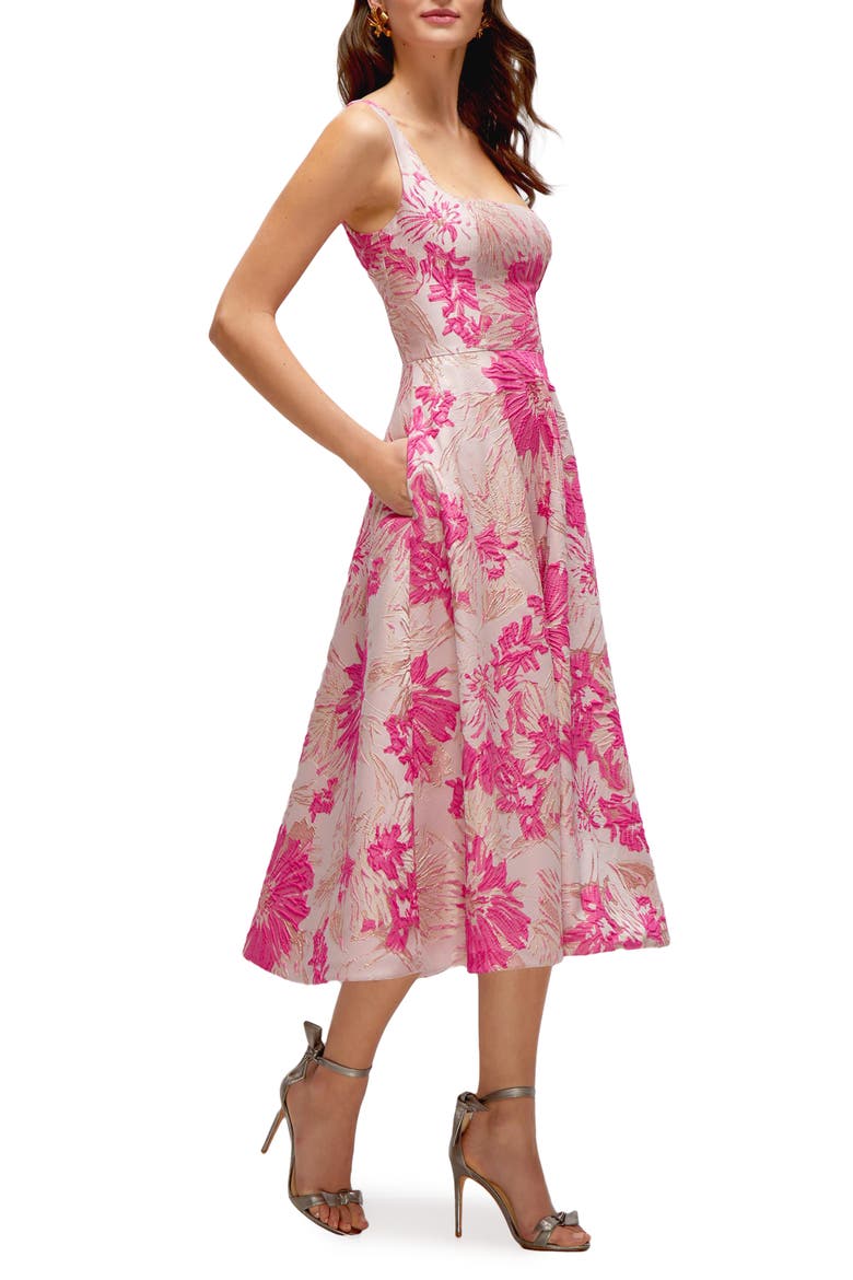 Floral Jacquard Sleeveless Fit & Flare Midi Dress, Alternate, color, PINK MULTI