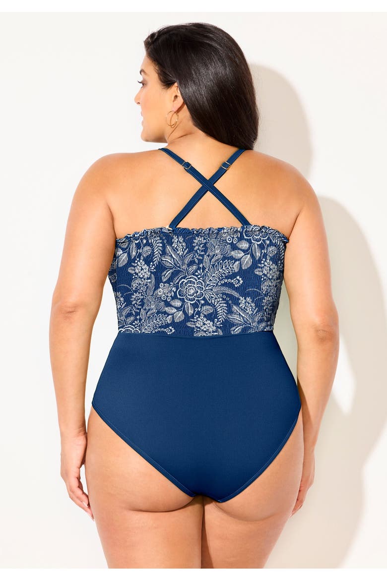 Smocked Ring Strap One Piece Swimsuit, Alternate, color, Denim Floral