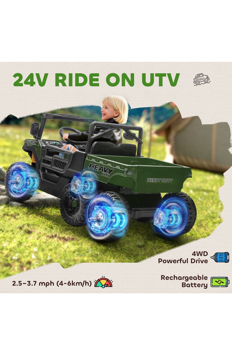 Qaba 24V Kids Ride On Truck with 6 Wheels 2 Seater 4WD Electric Ride On Car with Dump Bed Remote Control Wheel Suspension for Years, Alternate, color, Green