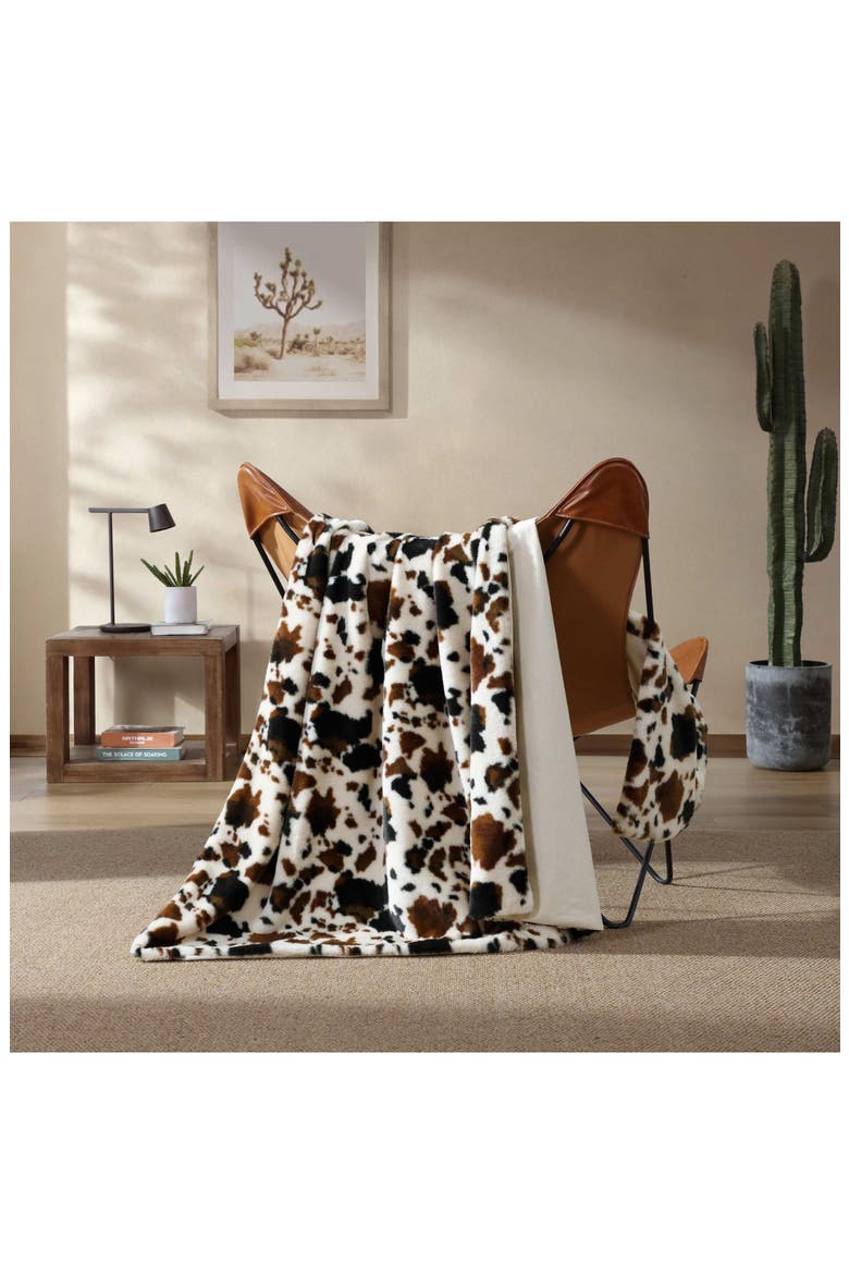 Spotted Cow Print Faux Fur Throw Blanket, Alternate, color, MEDIUM/DARK BROWN