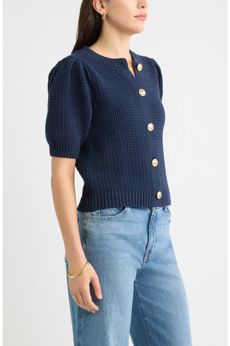 Puff Sleeve Textured Cotton Cardigan, Alternate, color, NAVY STILL