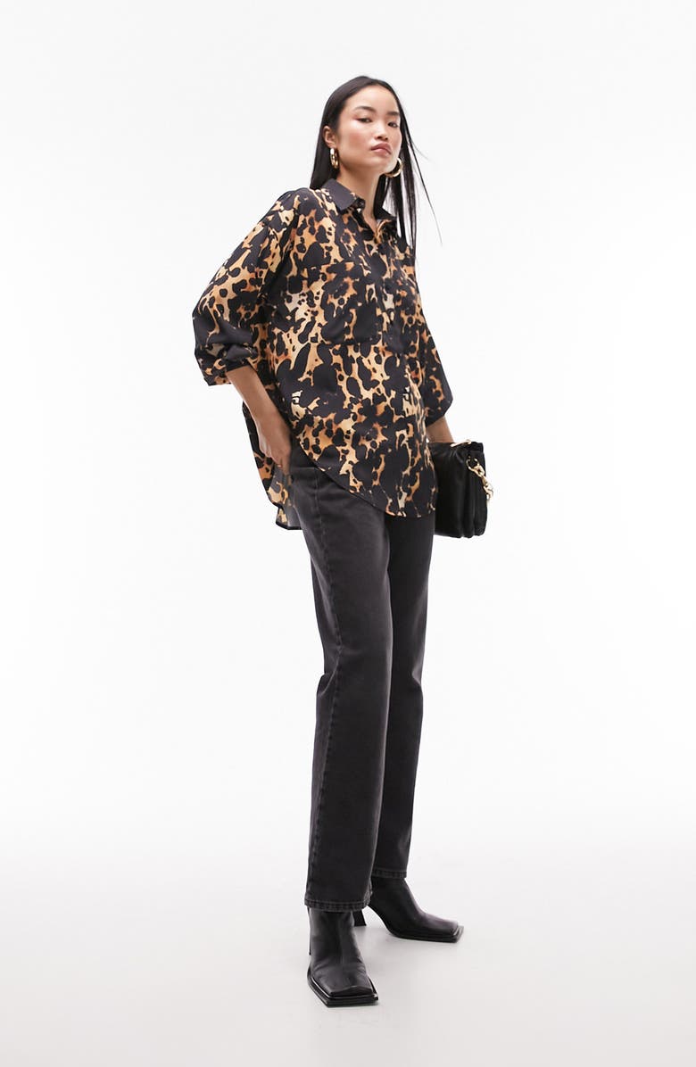 Topshop Oversize Animal Print Button-Up Shirt, Alternate, color, 