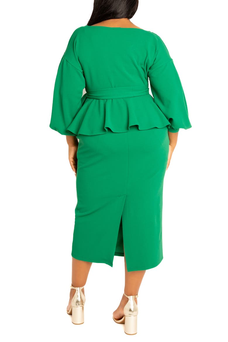Convertible Shoulder Belted Peplum Midi Dress, Alternate, color, GREEN