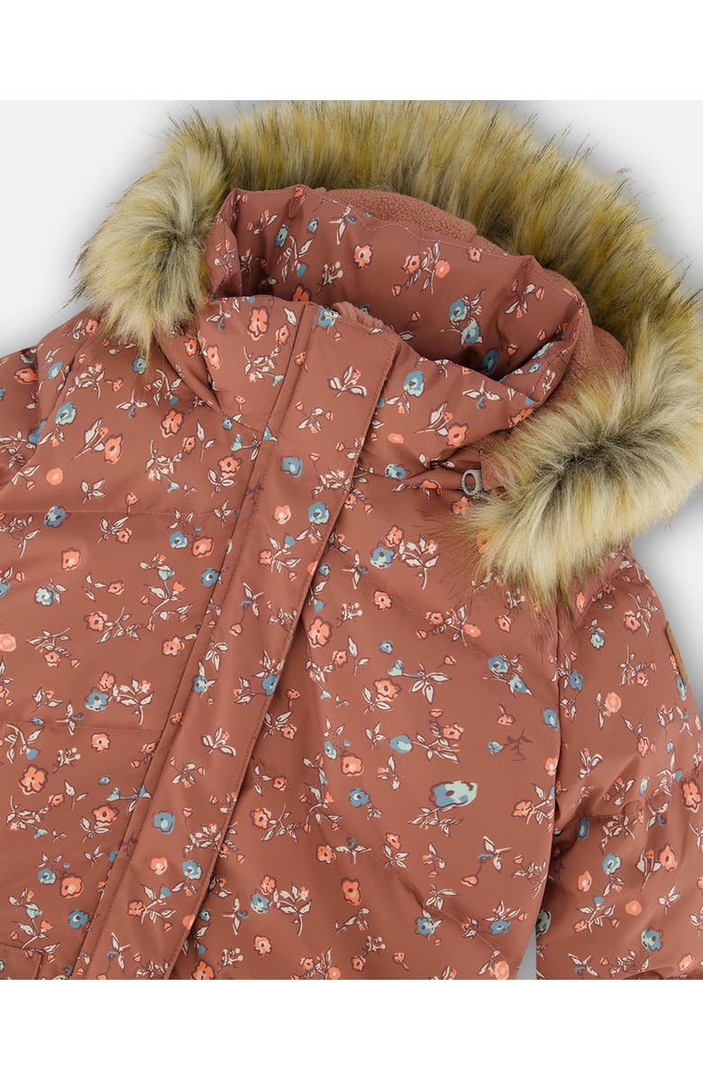 Deux par Deux Girl's Puffy Long Coat Dusty Pink With Small Flowers, Alternate, color, 