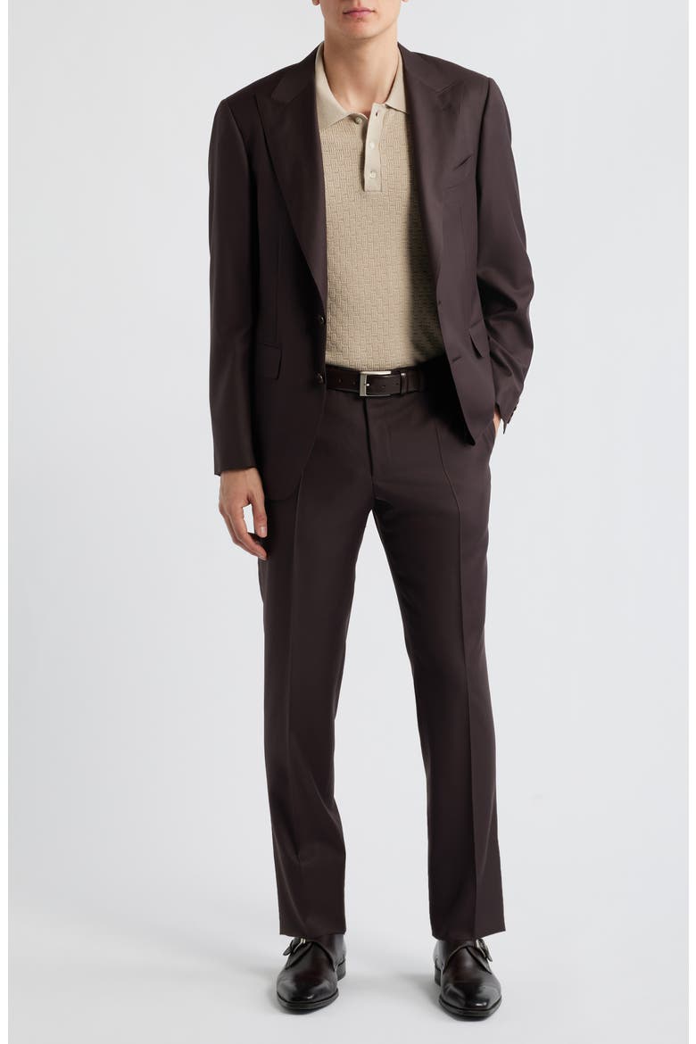 Capri Trim Fit Dark Brown Super 130s Wool Peak Lapel Suit, Main, color, DARK BROWN