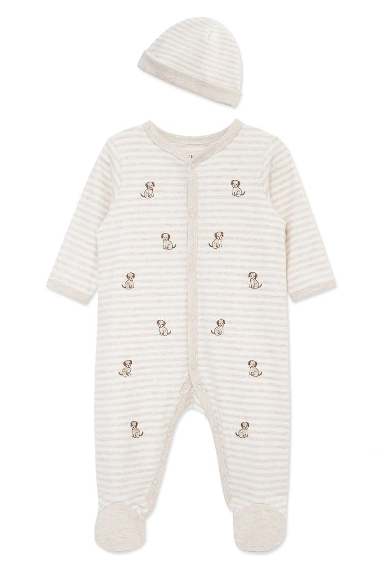 Puppy Schiffli Embroidered Cotton Footie & Hat Set (Nordstrom Exclusive), Main, color, TAN