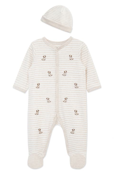 Puppy Schiffli Embroidered Cotton Footie & Hat Set (Baby) (Nordstrom Exclusive)
