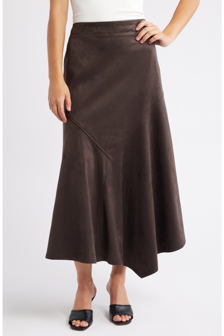 Asymmetrical Hem Faux Suede Midi Skirt, Main, color, COFFEE