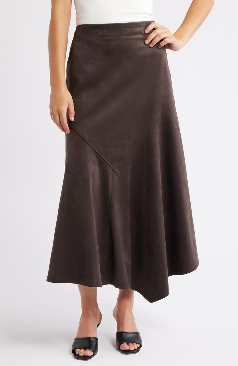 CITY BLUES Asymmetrical Hem Faux Suede Midi Skirt, Main, color, Coffee