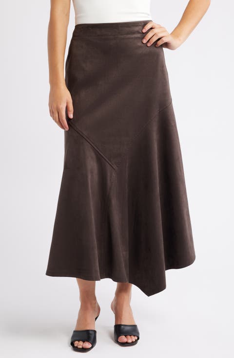 Asymmetrical Hem Faux Suede Midi Skirt