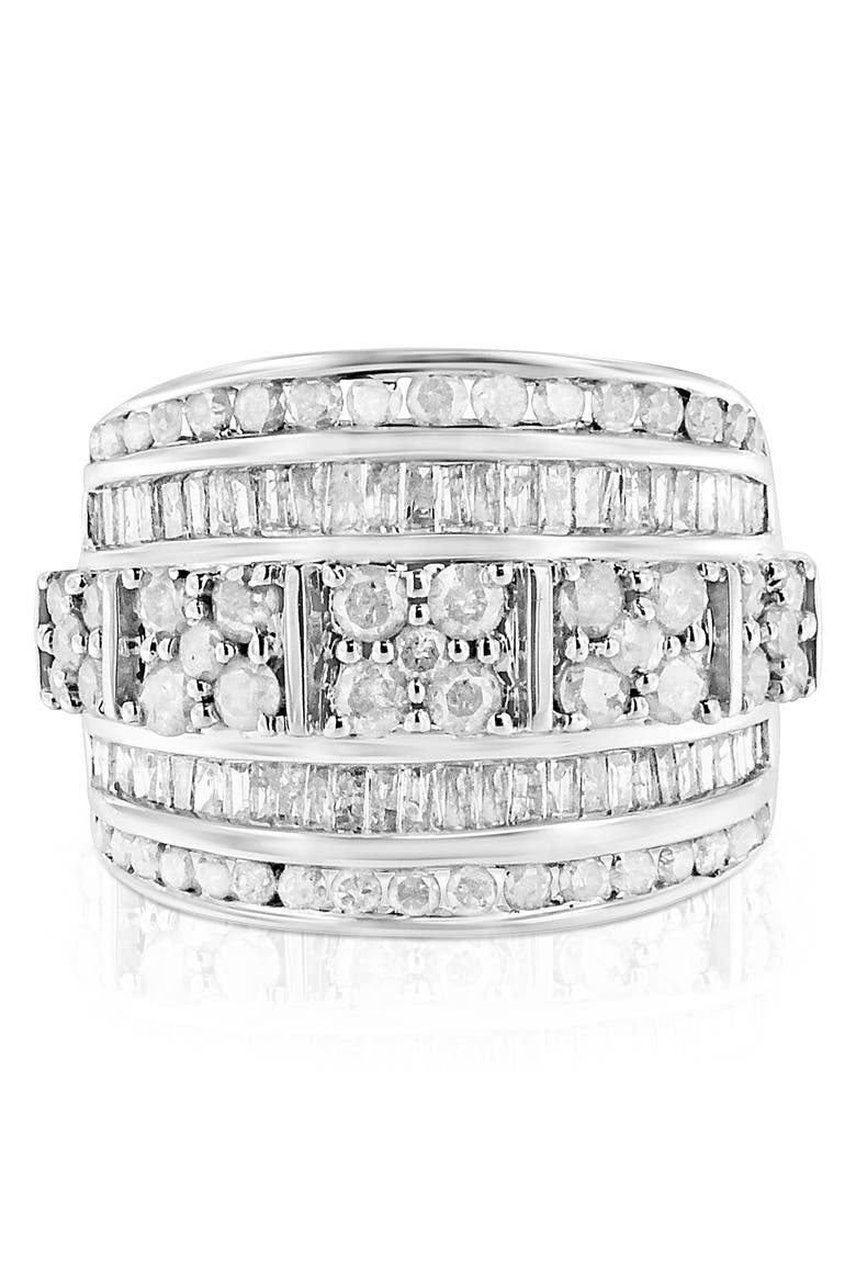 Silver 2.0 Cttw Round & Baguette Diamond Multi-Row Tapered Cocktail Ring, Alternate, color, White
