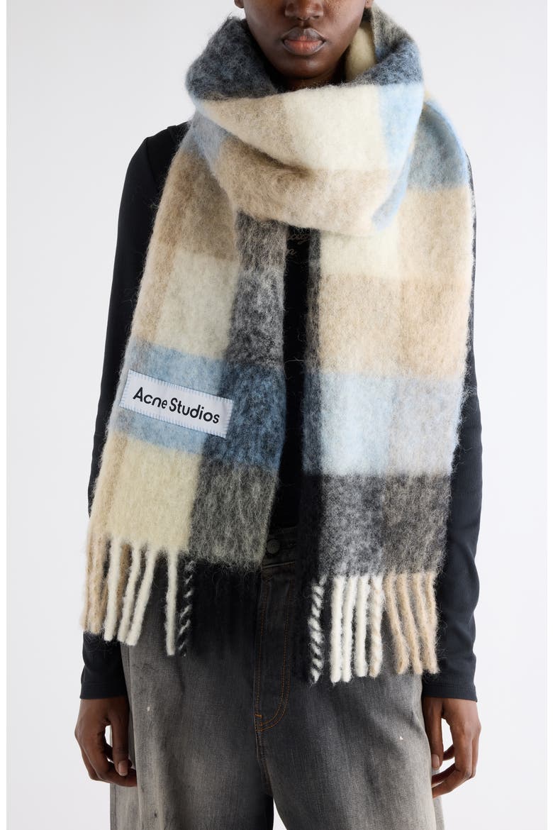 Vally Plaid Alpaca, Wool & Mohair Blend Scarf, Alternate, color, BLUE/ BEIGE/ BLACK