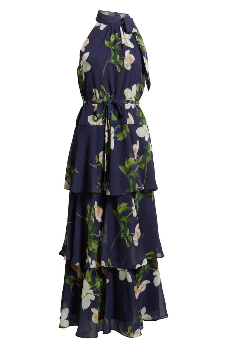 Julia Jordan Floral Tiered Gown, Alternate, color, Navy Multi