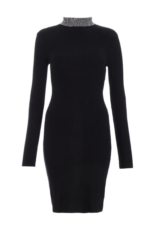 Quiz Diamante Stud Roll Neck Dress In Black