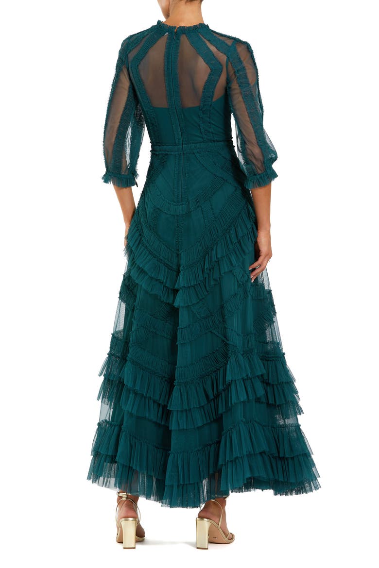 Petite 3/4 Puff Sleeve Mesh Mirco Ruffle Gown, Alternate, color, Teal