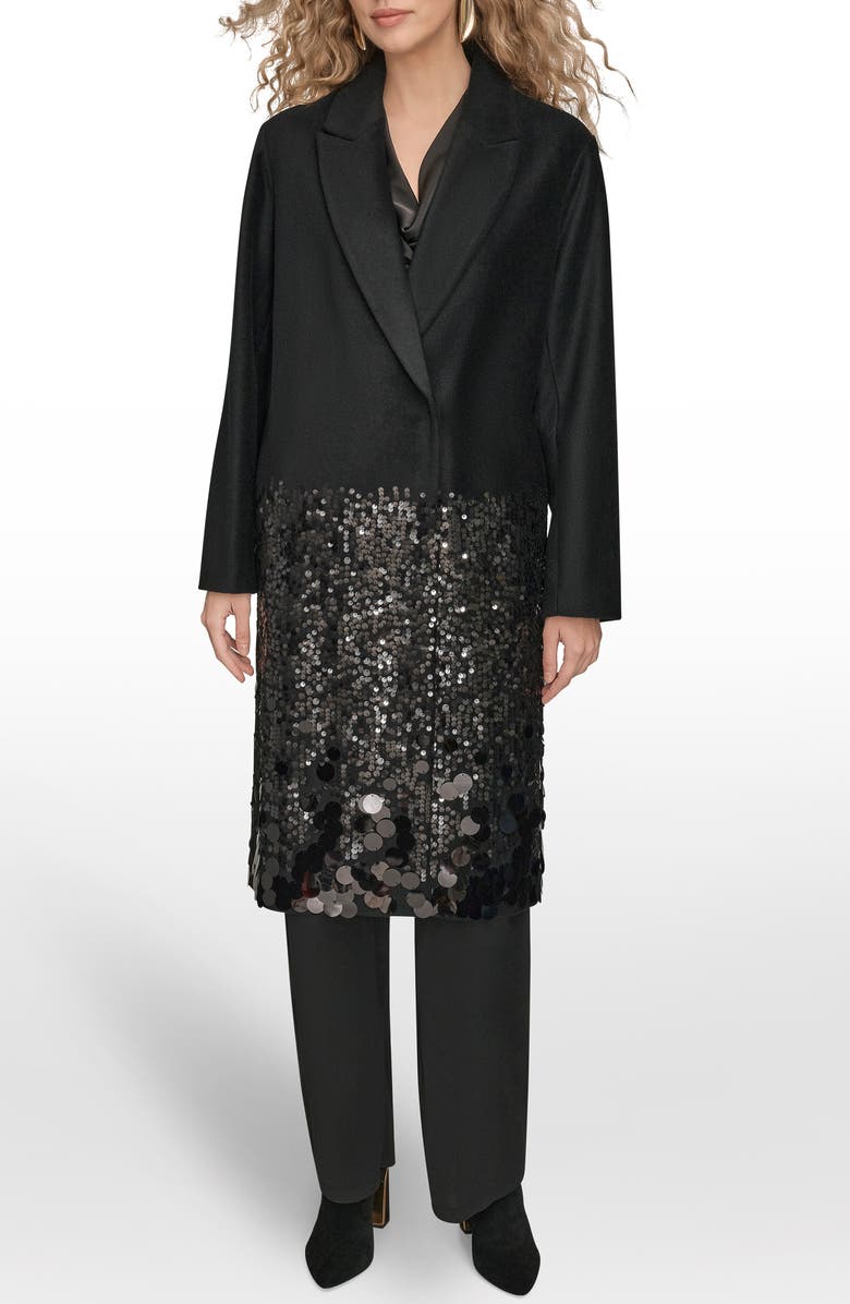Donna Karan New York Sequin Wool Blend Longline Coat, Alternate, color, Black