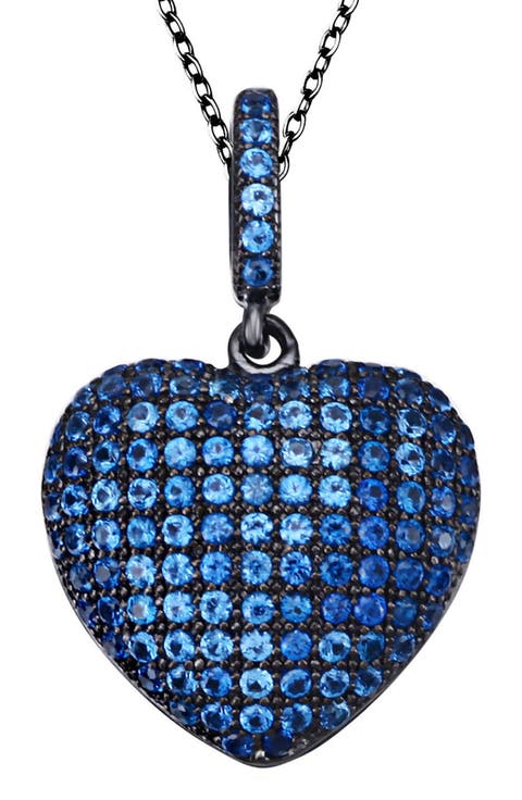 Blue Sterling Silver CZ Heart Pendant Necklace