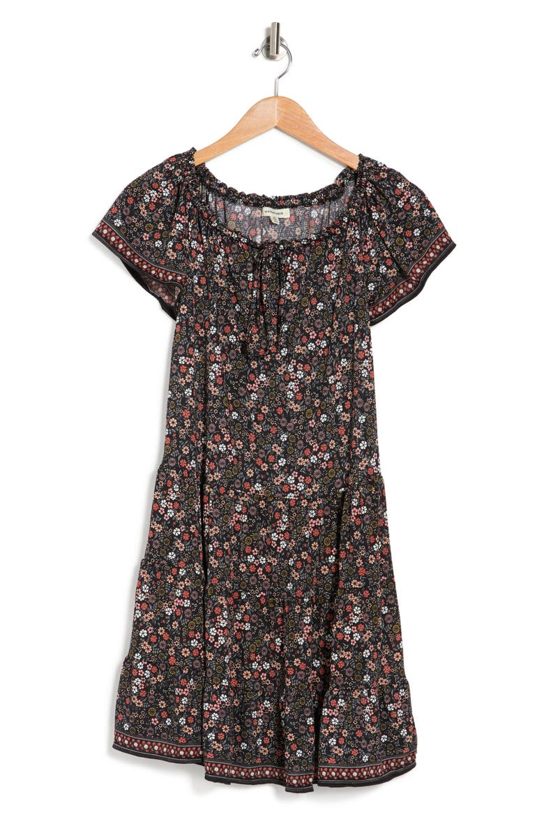 Ditsy Short Sleeve Tiered Jersey Shift Dress, Alternate, color, BKBLMFLB