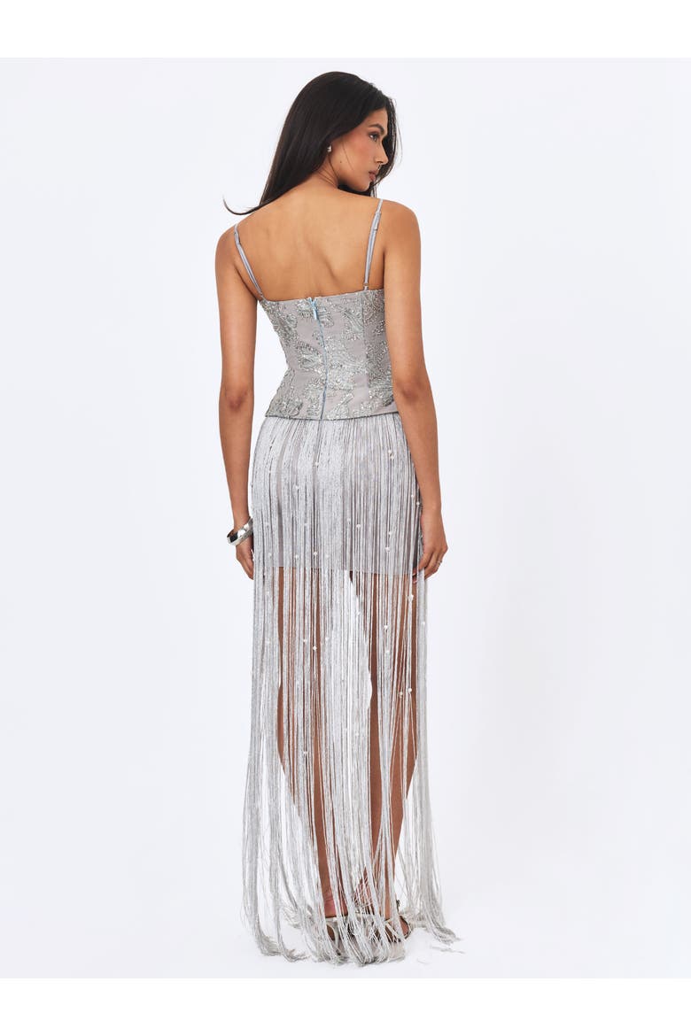 Olisa Beaded Peplum Tassel Maxi Dress, Alternate, color, Silver