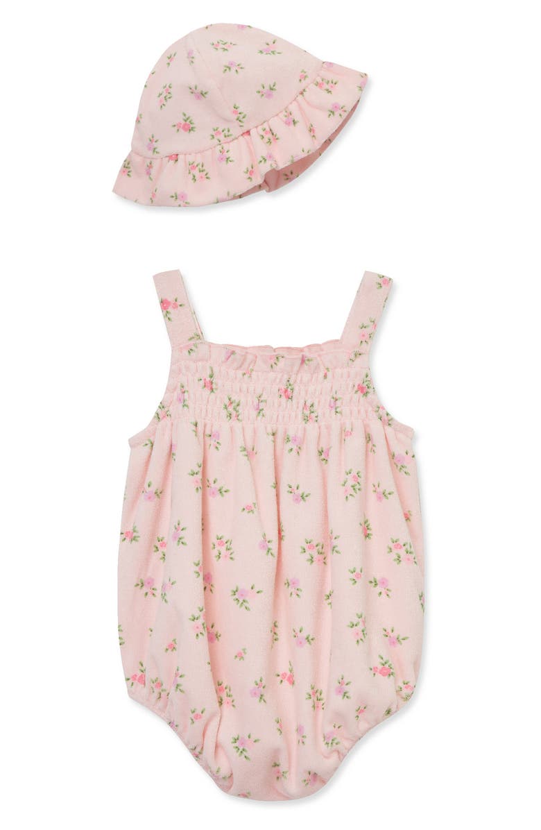 Little Me Floral Terry Cloth Bubble Romper & Hat Set, Alternate, color, Pink