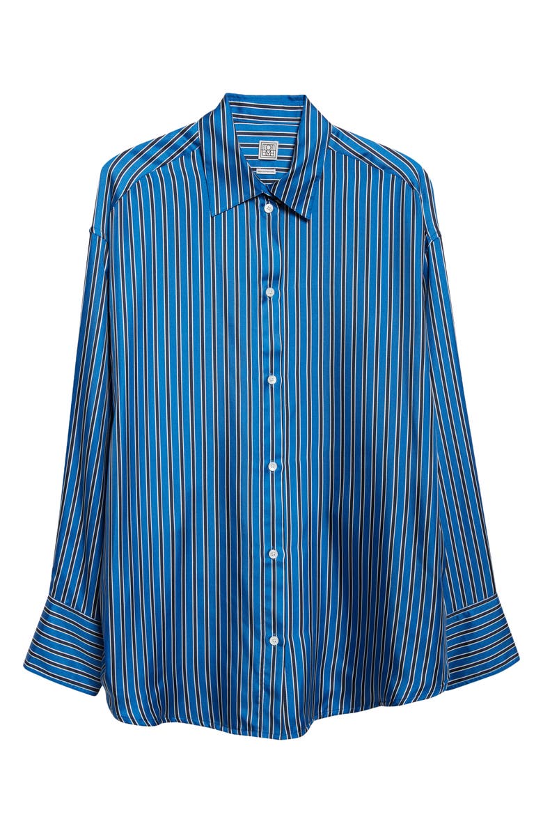TOTEME Oversize Stripe Silk Button-Up Shirt, Main, color, Blue/ Navy