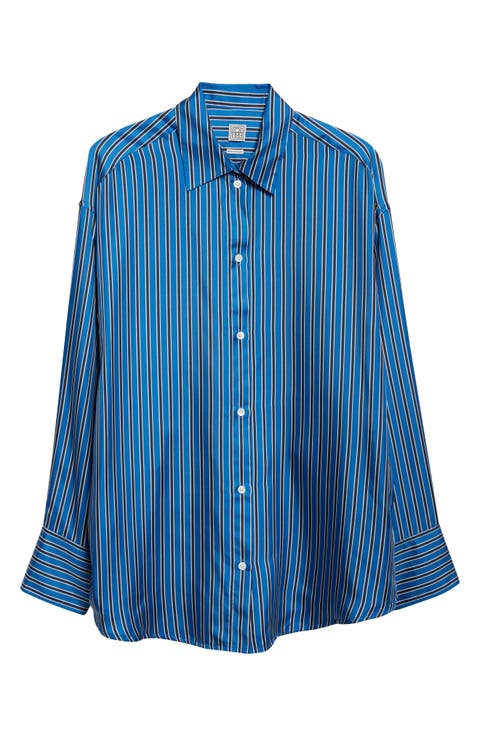 Oversize Stripe Silk Button-Up Shirt