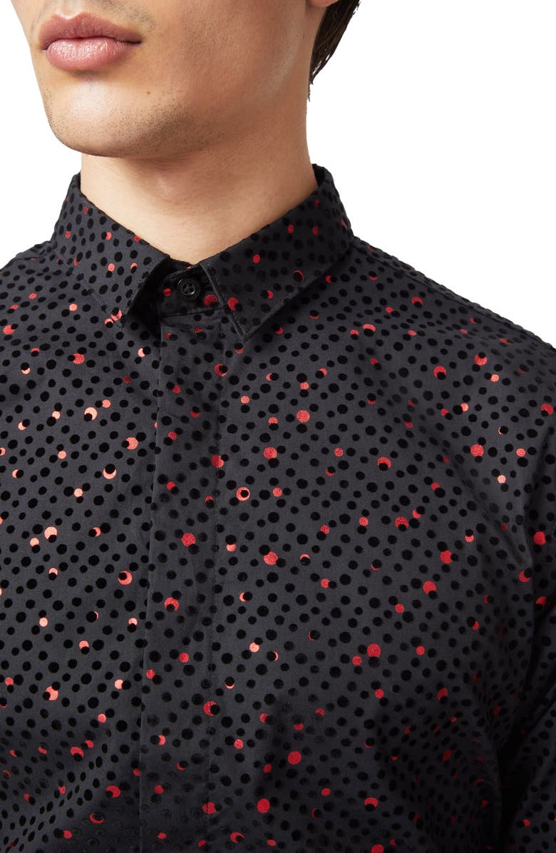 Twisted Tailor Farrow Slim Fit Black & Red Spot Print Cotton Shirt, Alternate, color,
