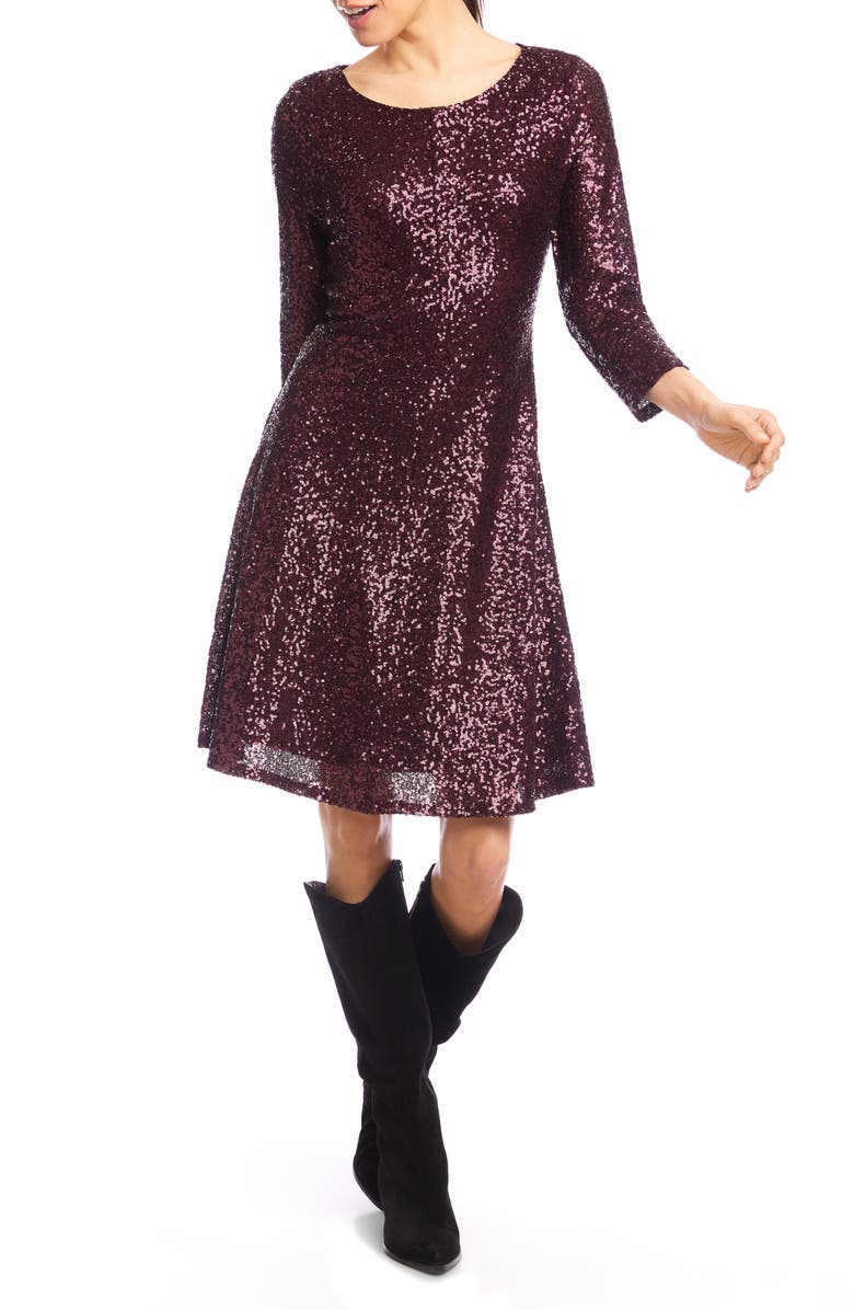 Karen Kane Sequin Fit & Flare Dress, Main, color, Eggplant