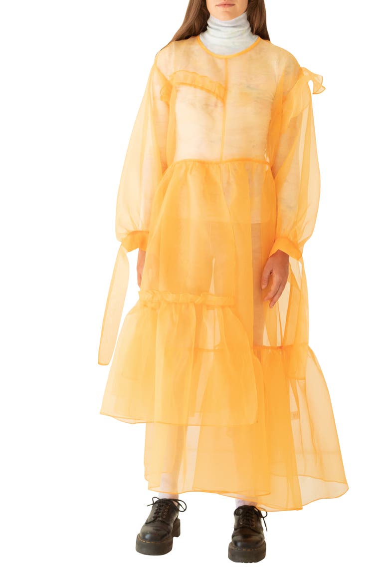 Nine Twenty-Seven Asymmetrical Ruffle Sheer Organza Dress, Main, color, WHEAT