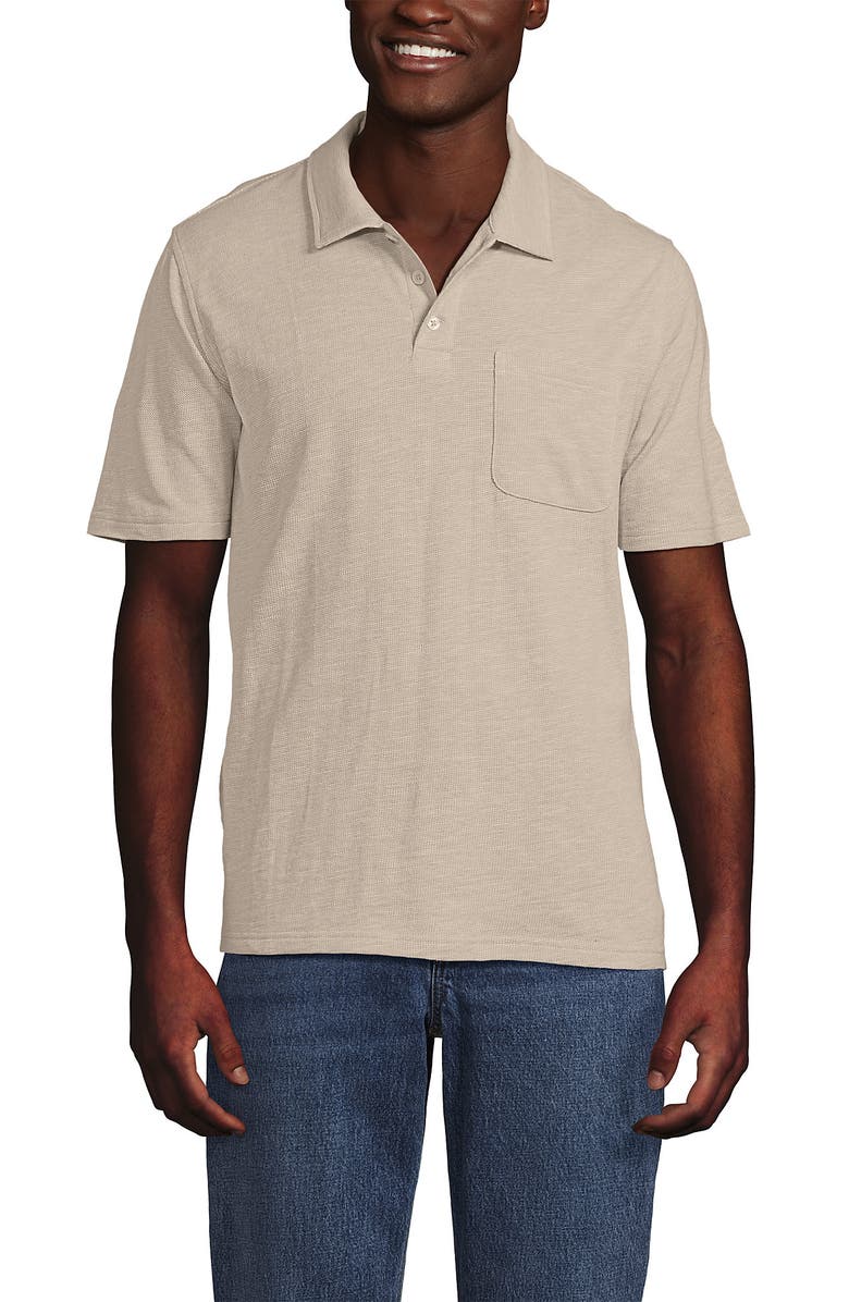 Lands' End Short Sleeve Cotton Linen Polo, Main, color, Khaki Sand Heather