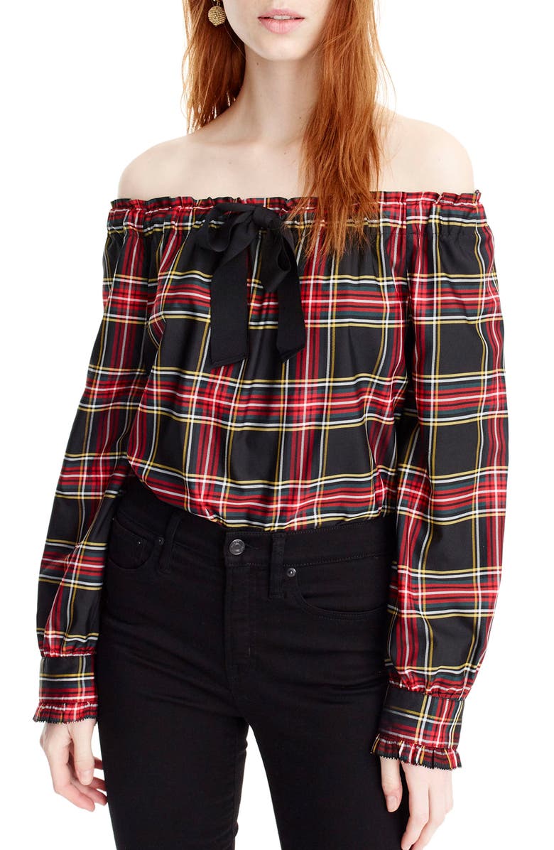 J.Crew Off the Shoulder Stewart Plaid Top, Main, color, 