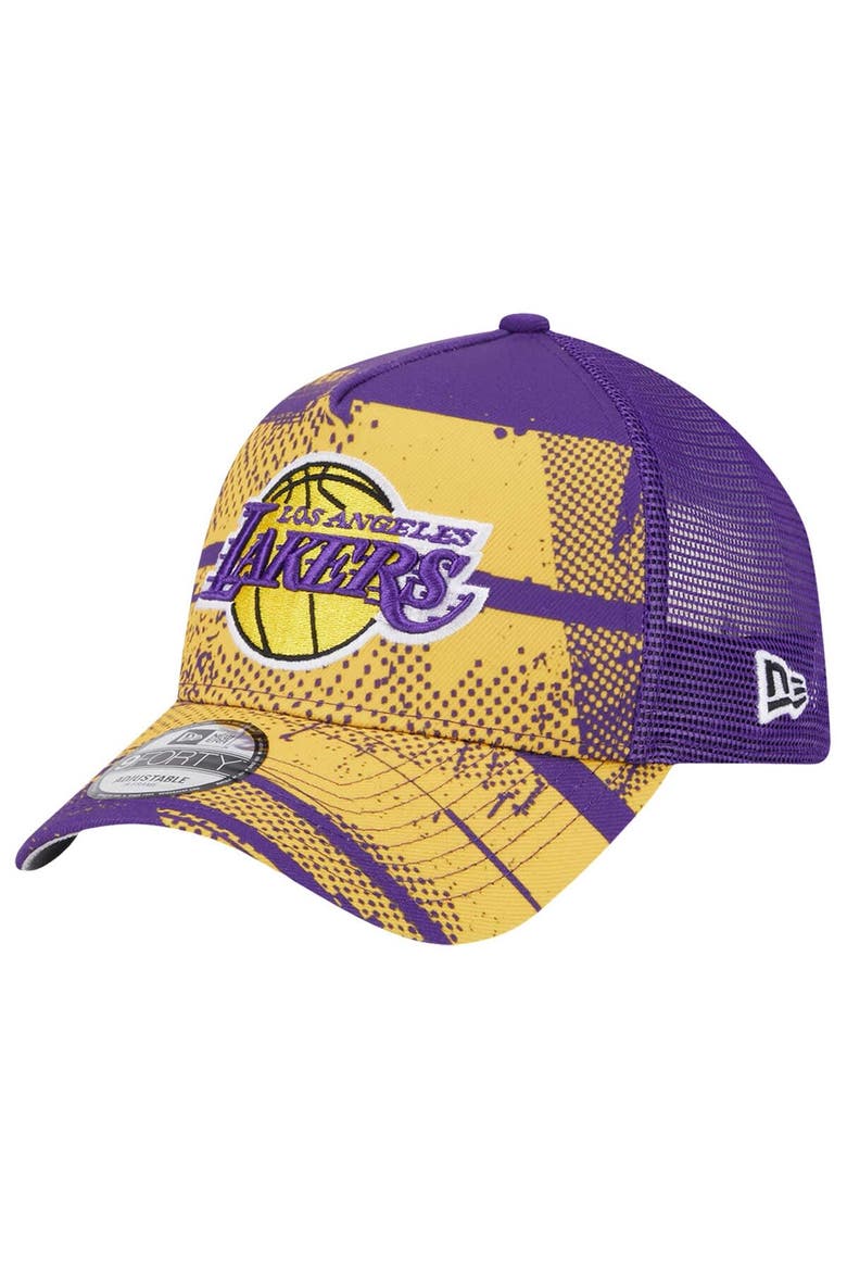 Men's New Era Purple/Gold Los Angeles Lakers Tip Off A-Frame Trucker 9FORTY Adjustable Hat, Alternate, color, Purple