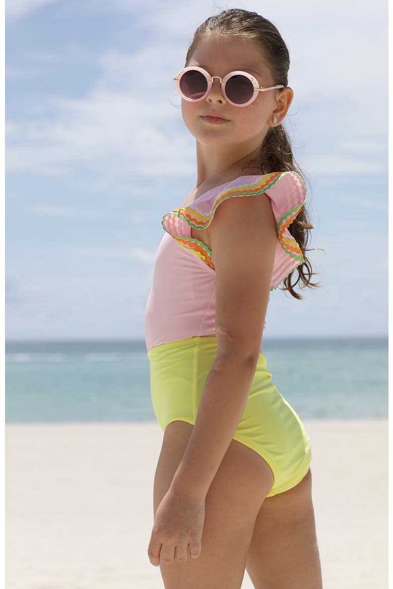 One Shoulder Ruffle Ric-Rac Trim Cut-Out Design One Piece Swimsuit, Little Kid-Big Kid, Alternate, color, Pink