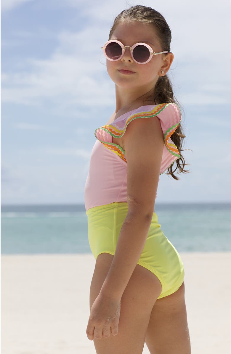 NESSI BYRD One Shoulder Ruffle Ric-Rac Trim Cut-Out Design One Piece Swimsuit, Little Kid-Big Kid, Alternate, color, Pink