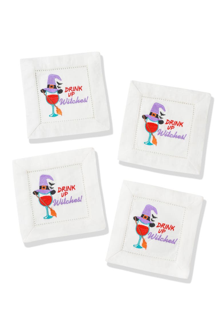 Drink Up Witches Embroidered Linen Cocktail Napkins, Main, color, MULTI