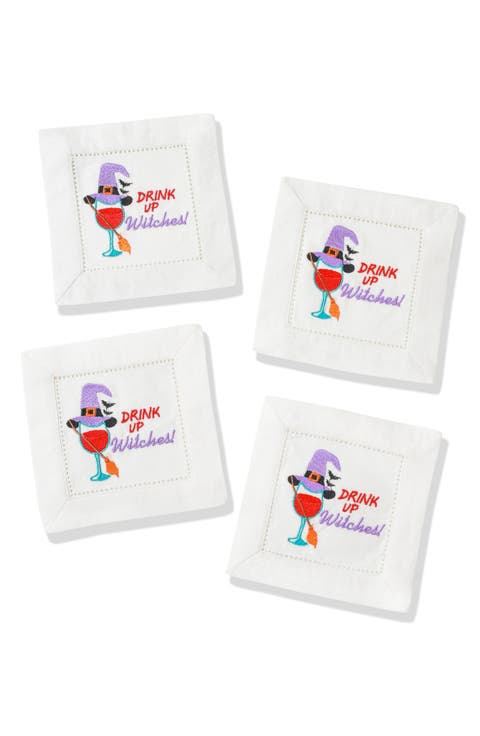 Drink Up Witches Embroidered Linen Cocktail Napkins