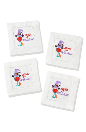 Tiramisu Drink Up Witches Embroidered Linen Cocktail Napkins In White