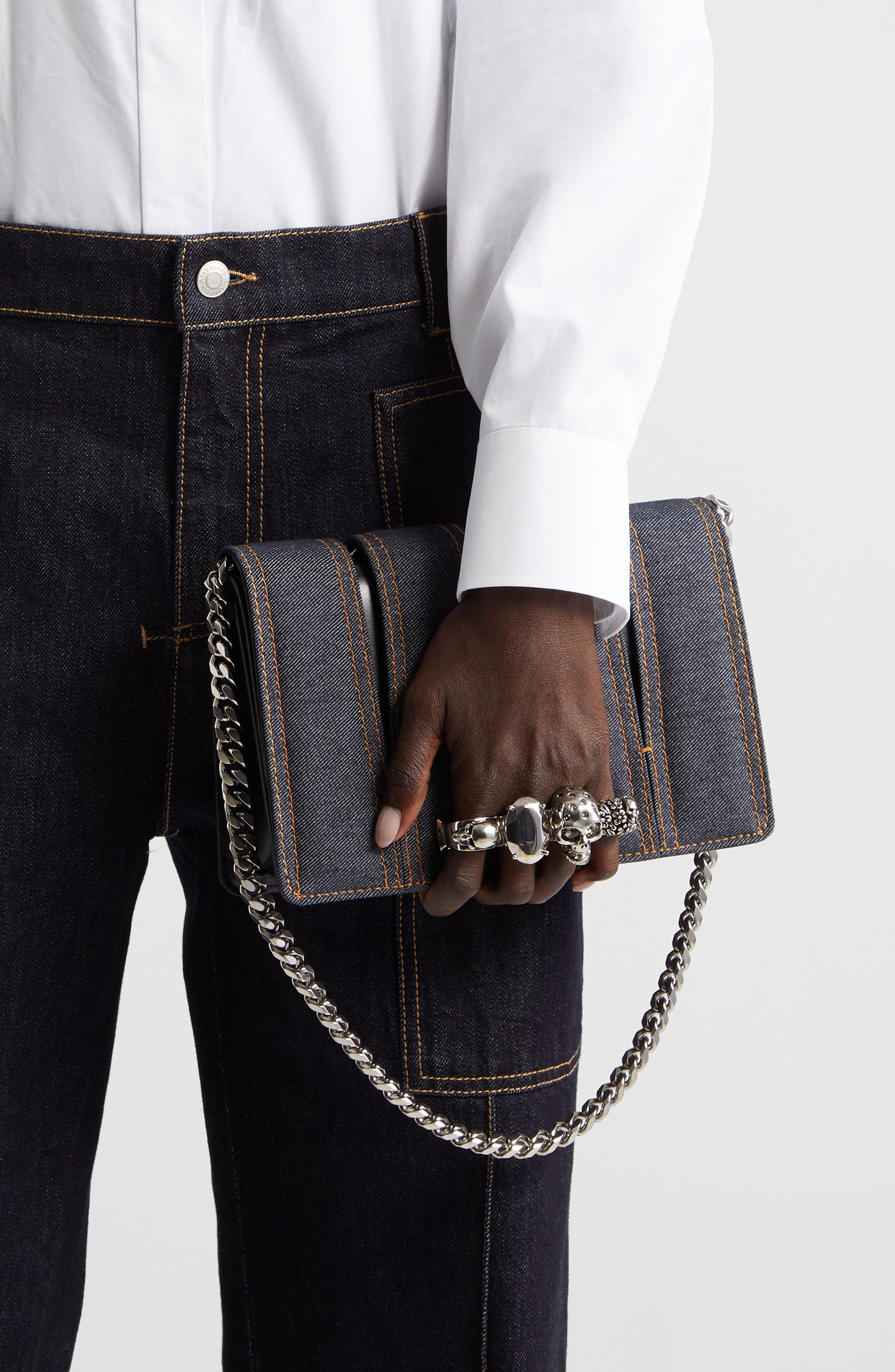 McQueen Slash Cutout Knuckle Denim Crossbody Bag, Alternate, color, 