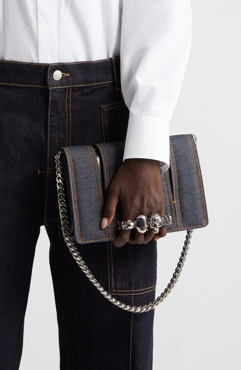 McQueen Slash Cutout Knuckle Denim Crossbody Bag, Alternate, color,