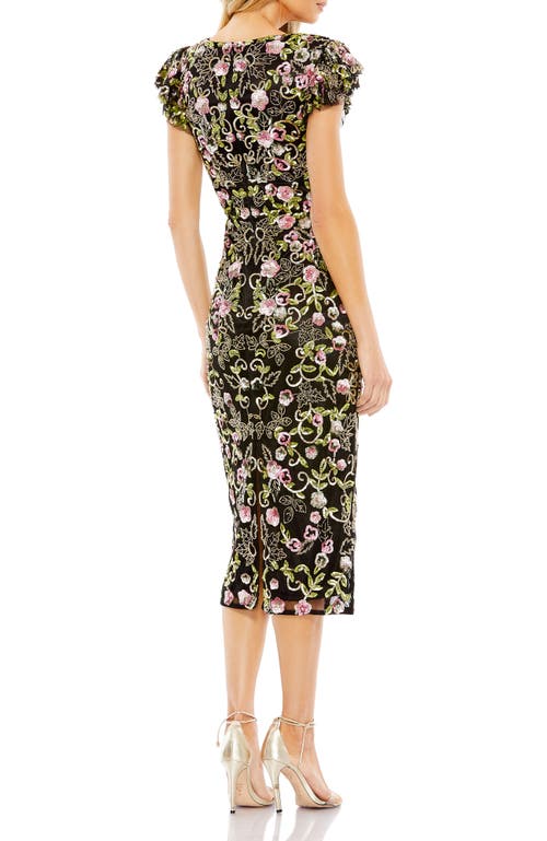 Mac Duggal Floral Embellished Flutter Cap Sleeve Dress In Black Multi