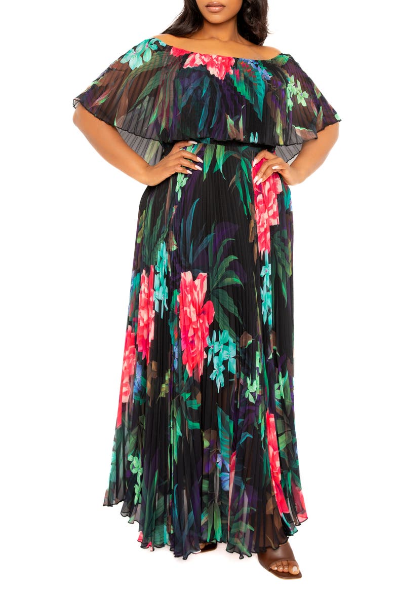 Floral Pleated Off the Shoulder Maxi Dress, Alternate, color, BLACK MULTI