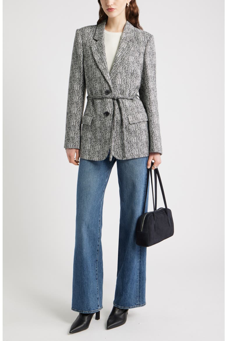 The Liv Belted Textured Boyfriend Blazer, Alternate, color, BLACK IVORY HERRINGBONE