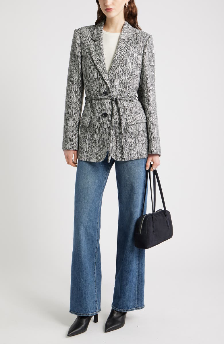 Nordstrom The Liv Belted Textured Boyfriend Blazer, Alternate, color, Black Ivory Herringbone